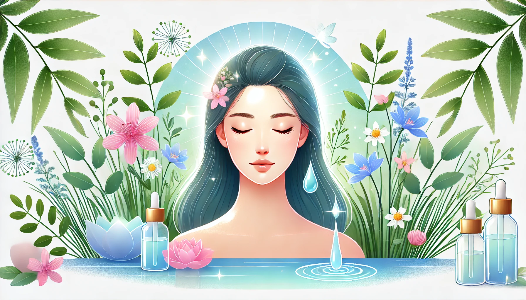 تصویری از فردی با پوست شفاف و موی سالم در محیطی آرام با عناصر طبیعی مانند گل‌ها و آب.