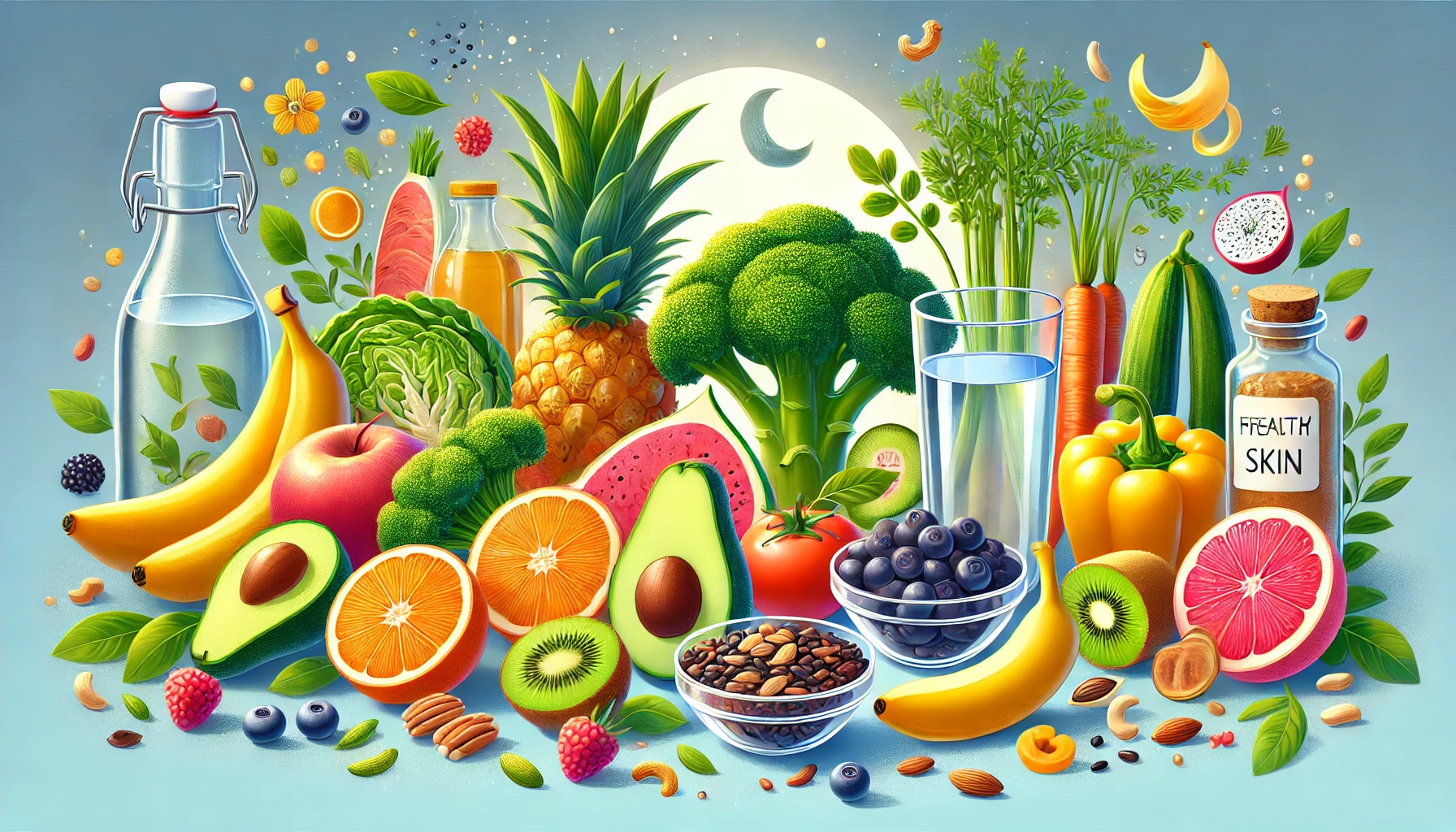 تصویری از مواد غذایی مفید برای داشتن پوست شفاف و موی سالم، شامل میوه‌ها، سبزیجات، مغزها و آب.