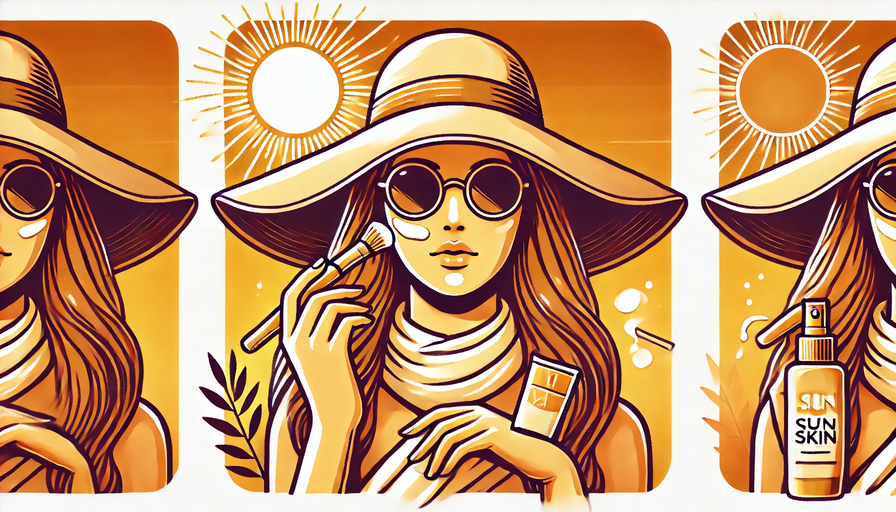 محافظت از پوست شفاف و مو در برابر آفتاب با استفاده از کرم ضدآفتاب، کلاه و عینک آفتابی.