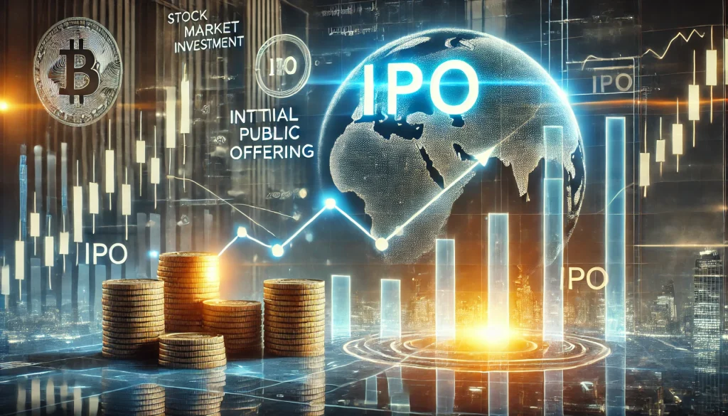 سرمایه‌گذاری در بورس و عرضه اولیه سهام (IPO) با نمایش نمودار رشد بازار سهام، سکه‌های روی هم چیده شده و نماد درخشان IPO.