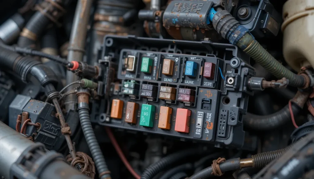 این تصویر نمایی نزدیک از جعبه فیوز خودرو است که چندین فیوز درون آن به وضوح قابل مشاهده است.