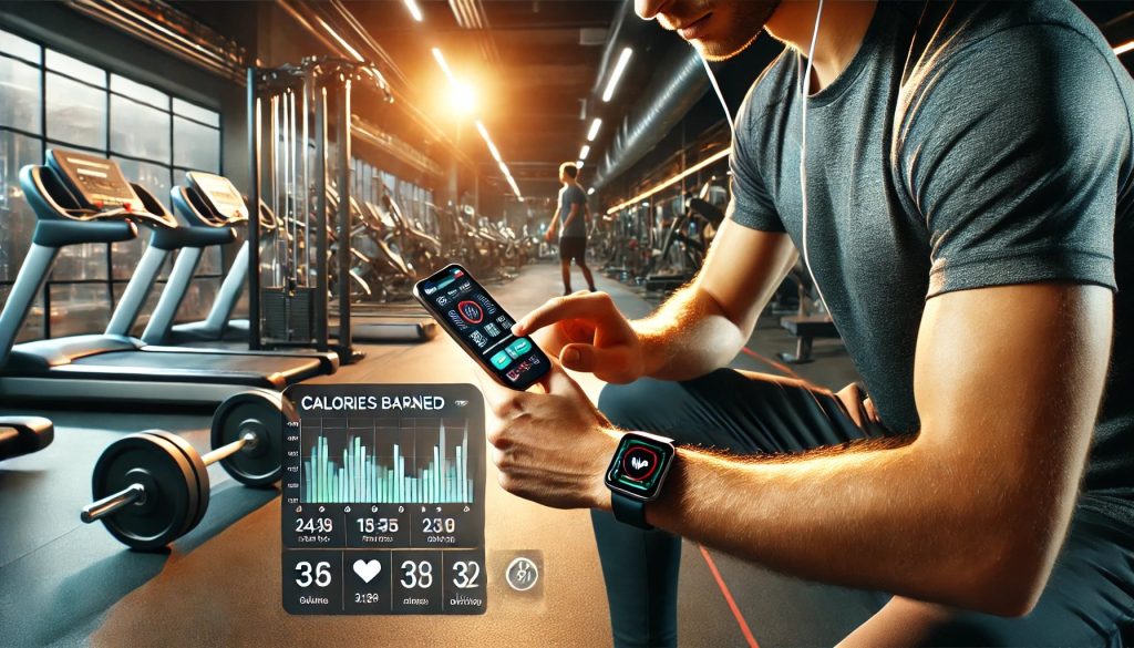 فردی در باشگاه از اپلیکیشن تناسب اندام و ساعت هوشمند برای پیگیری کالریسوزی و پیشرفت تمرینات خود استفاده میکند.