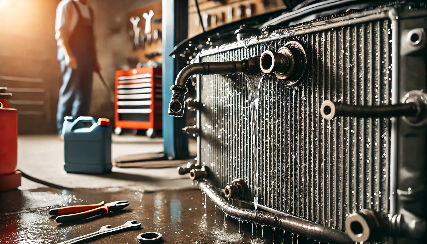 تصویری از یک رادیاتور خودرو با نشتی مایع خنککننده، که دلایل کم شدن آب رادیاتور را نشان میدهد.