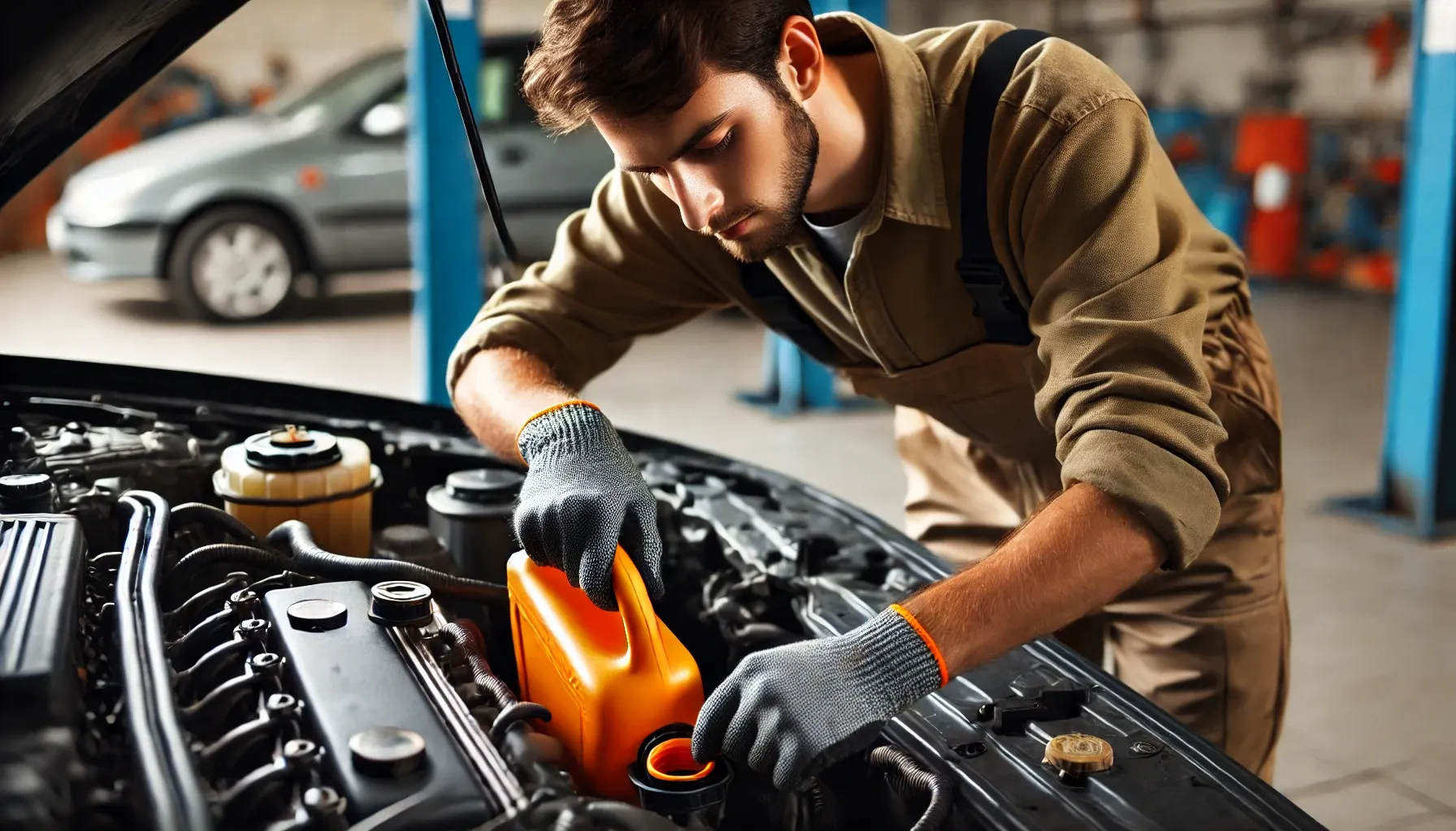 مکانیک در حال بررسی سطح مایع خنککننده رادیاتور خودرو، برای پیشگیری از کم شدن آب رادیاتور و جلوگیری از داغ شدن موتور.