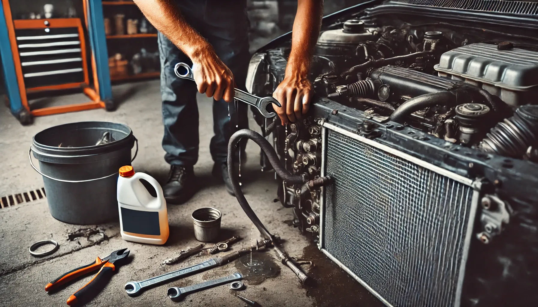 مکانیک در حال تعمیر نشتی رادیاتور خودرو و تعویض شیلنگ آسیبدیده برای رفع مشکل کم شدن آب رادیاتور.