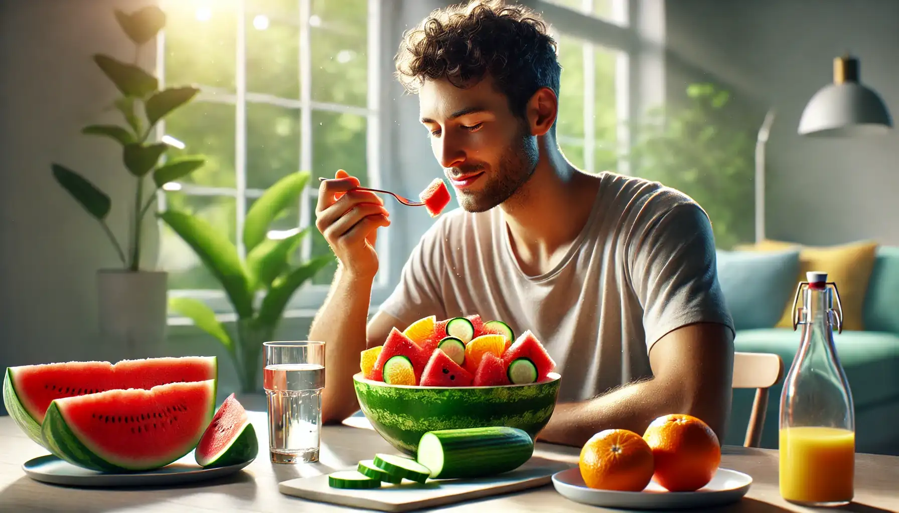 تصویر فردی در حال خوردن میوههای آبدار مانند هندوانه و پرتقال در خانه.