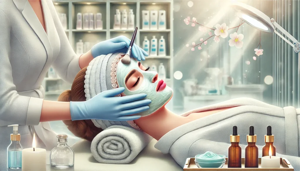 تصویری از یک متخصص زیبایی که در حال انجام پاکسازی پوست برای یک مشتری در کلینیک زیبایی است.