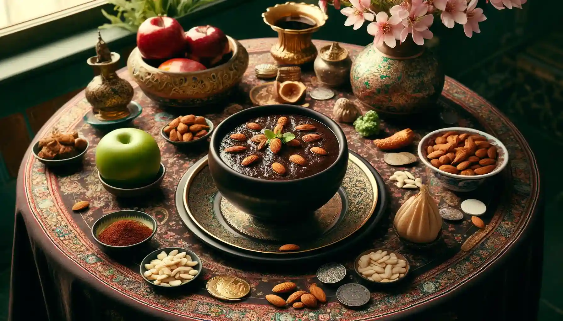 کاسهای از سمنو به رنگ قهوهای تیره در سفره هفتسین، تزئینشده با بادام.