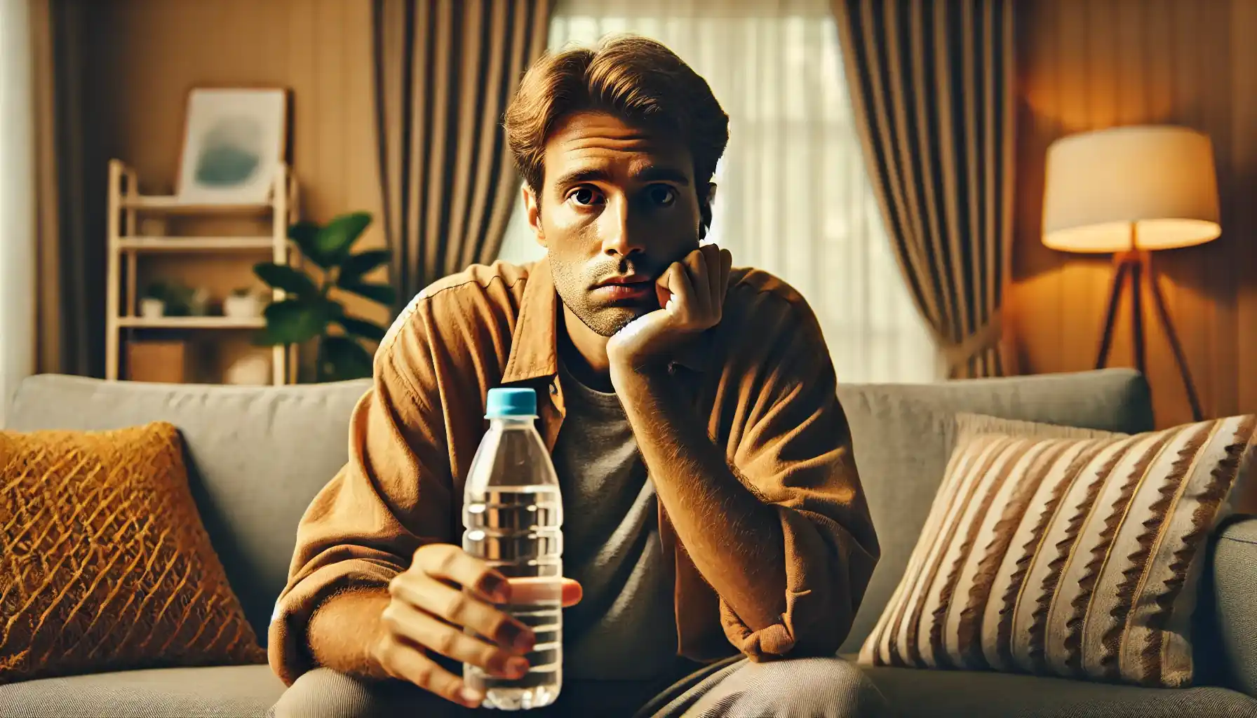 تصویر فردی که در خانه از علائم کمآبی بدن مانند لبهای خشک و خستگی رنج میبرد.