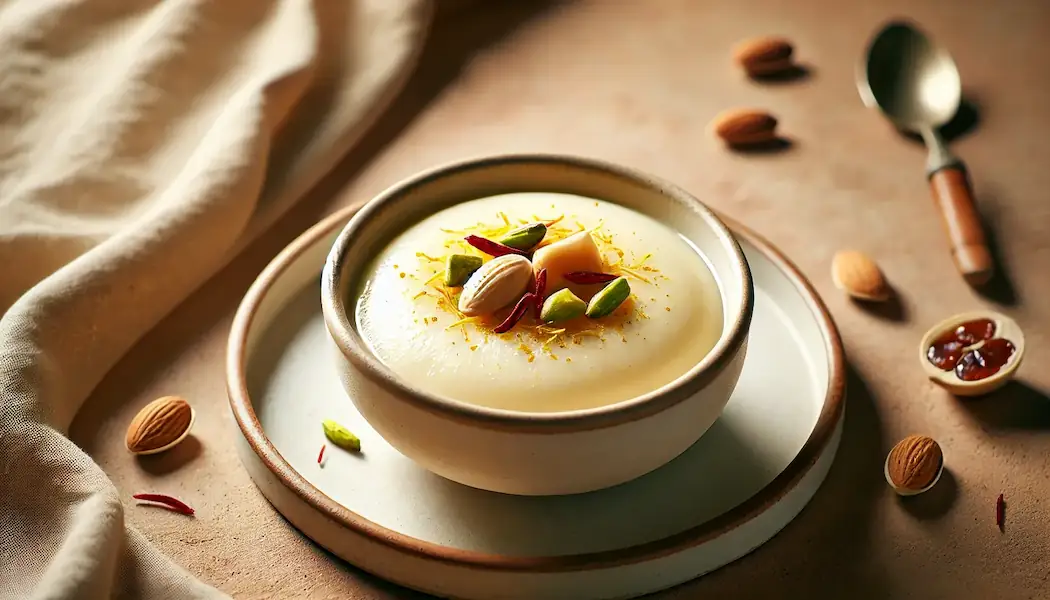 تصویر یک کاسه ساده از فرنی با گلاب و زعفران،به عنوان غذای افطاری با بافتی نرم و کرمی به همراه خلال پسته و بادام و کمی زعفران بر روی آن، در پسزمینهای گرم و مینیمال.