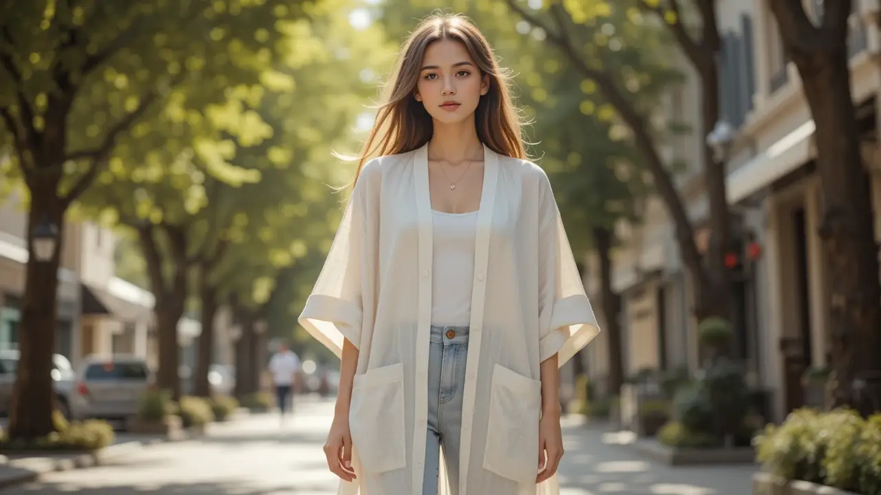 دختر جوان با مانتوی جلو باز روشن و سبک در خیابان، در حال قدمزدن زیر نور آفتاب تابستانی