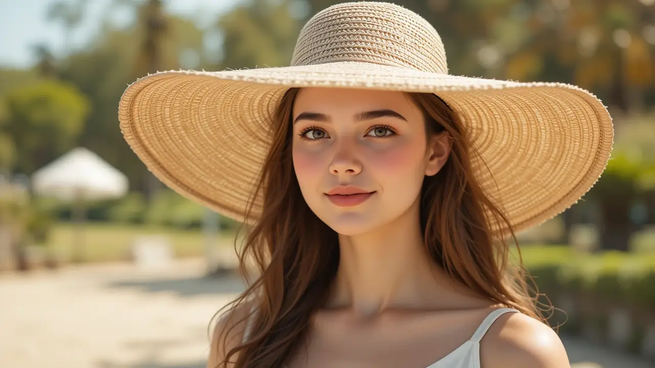 دختر جوان با کلاه لبهدار حصیری در یک روز آفتابی تابستانی، با پسزمینهای سبز و روشن