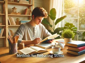 تصویری از یک دانش‌آموز در حال مطالعه با تمرکز بالا، نشان‌دهنده روش‌های کاهش استرس در دانش‌آموزان.