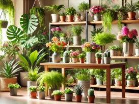 مشکلات گلهای آپارتمانی در محیط داخلی، با گیاهان آپارتمانی متنوع در گلدان‌های رنگارنگ، شامل سرخس‌ها، ساکولنت‌ها و گیاهان گل‌دار که به زیبایی بر روی قفسه‌ها و میزها چیده شده‌اند.