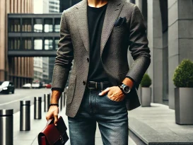 سبک کژوال اسمارت با ترکیب بلیزر، شلوار جین و کفش لوفر در محیط شهری