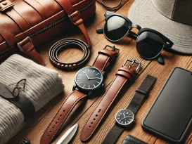 اکسسوری های استایل کژوال شامل ساعت چرمی، عینک آفتابی، دستبند مینیمال، کیف کراس‌بادی و کلاه مدرن روی سطح چوبی.