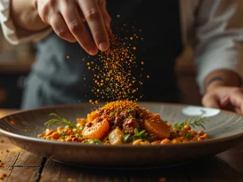 راز های خوشمزه‌ تر شدن غذا،دست سرآشپز در حال ریختن ادویه روی بشقاب غذای حرفه‌ ای