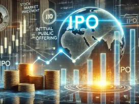 سرمایه‌گذاری در بورس و عرضه اولیه سهام (IPO) با نمایش نمودار رشد بازار سهام، سکه‌های روی هم چیده شده و نماد درخشان IPO.