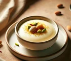 تصویر یک کاسه ساده از فرنی با گلاب و زعفران،به عنوان غذای افطاری با بافتی نرم و کرمی به همراه خلال پسته و بادام و کمی زعفران بر روی آن، در پس‌زمینه‌ای گرم و مینیمال.