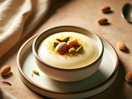 تصویر یک کاسه ساده از فرنی با گلاب و زعفران،به عنوان غذای افطاری با بافتی نرم و کرمی به همراه خلال پسته و بادام و کمی زعفران بر روی آن، در پس‌زمینه‌ای گرم و مینیمال.