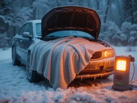 ماشین یخ زده با پتو حرارتی و بخاری در یک محیط برفی