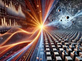 تصویری از نور به صورت موج‌ها و فوتون‌هایی که با سرعت بالا حرکت می‌کنند، در مقابل ماده جامد با ساختاری متراکم از اتم‌ها، با تم کوانتومی و ترکیبی از رنگ‌های تاریک و روشن.