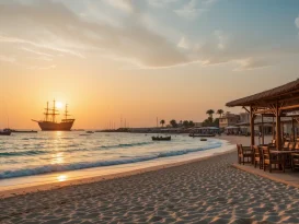جاهای دیدنی کیش،غروب ساحل مرجان کیش با آب‌های فیروزه‌ای و کشتی یونانی در دوردست، زیر نور نارنجی و صورتی آسمان.